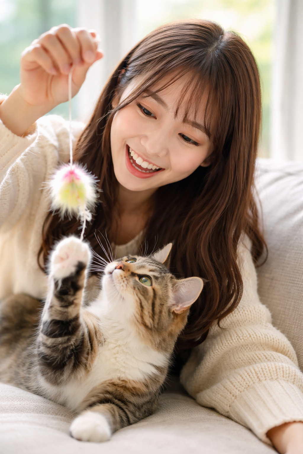猫と戯れる女性の画像