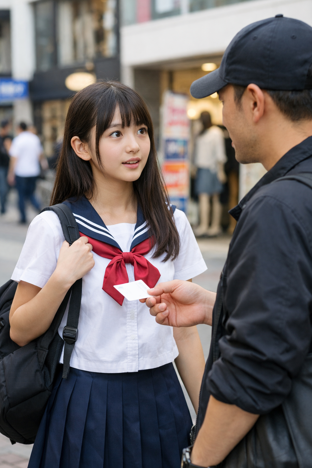 街中でスカウトされる女子中学生の画像