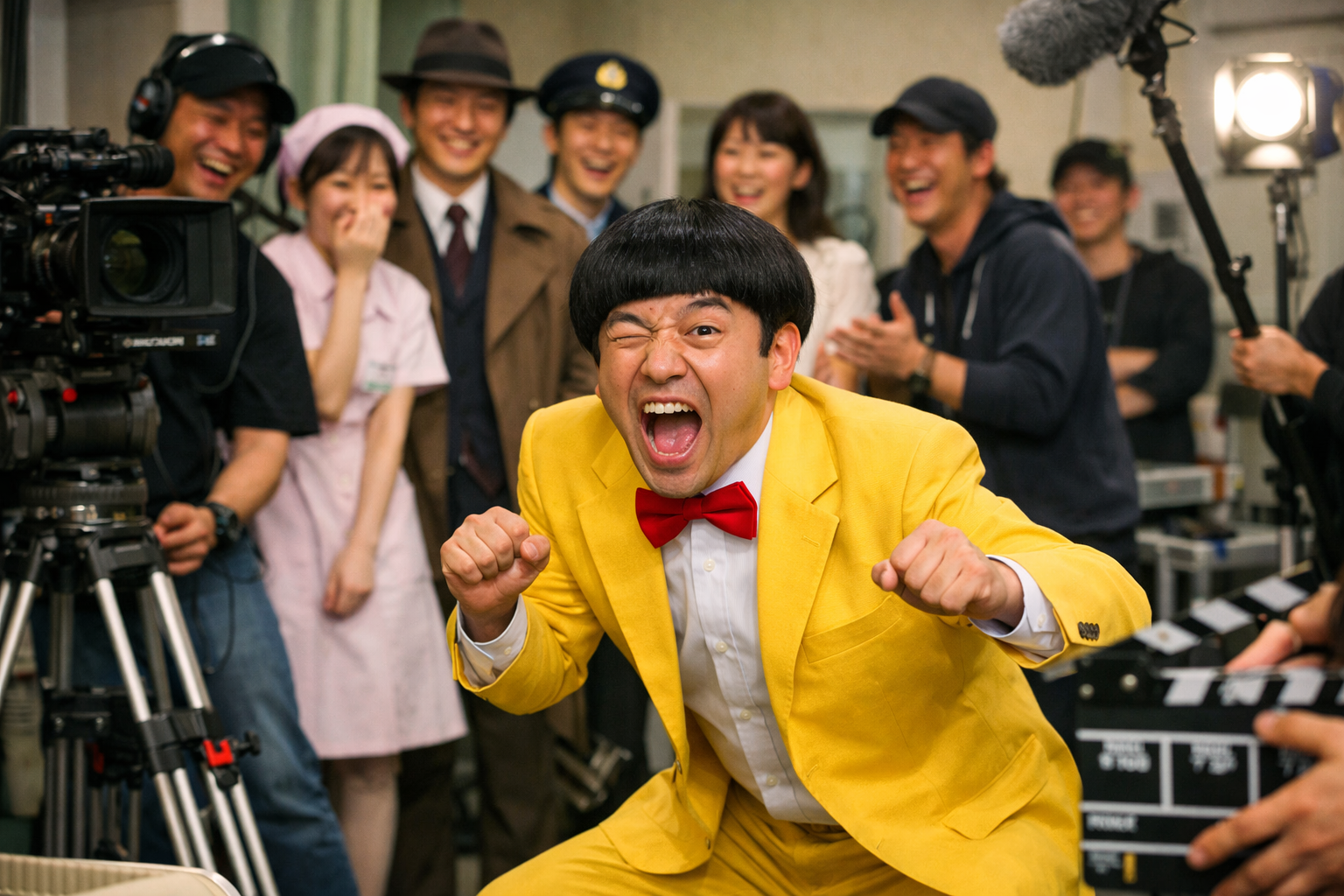 映画撮影現場ではしゃぐ芸人風男性の画像