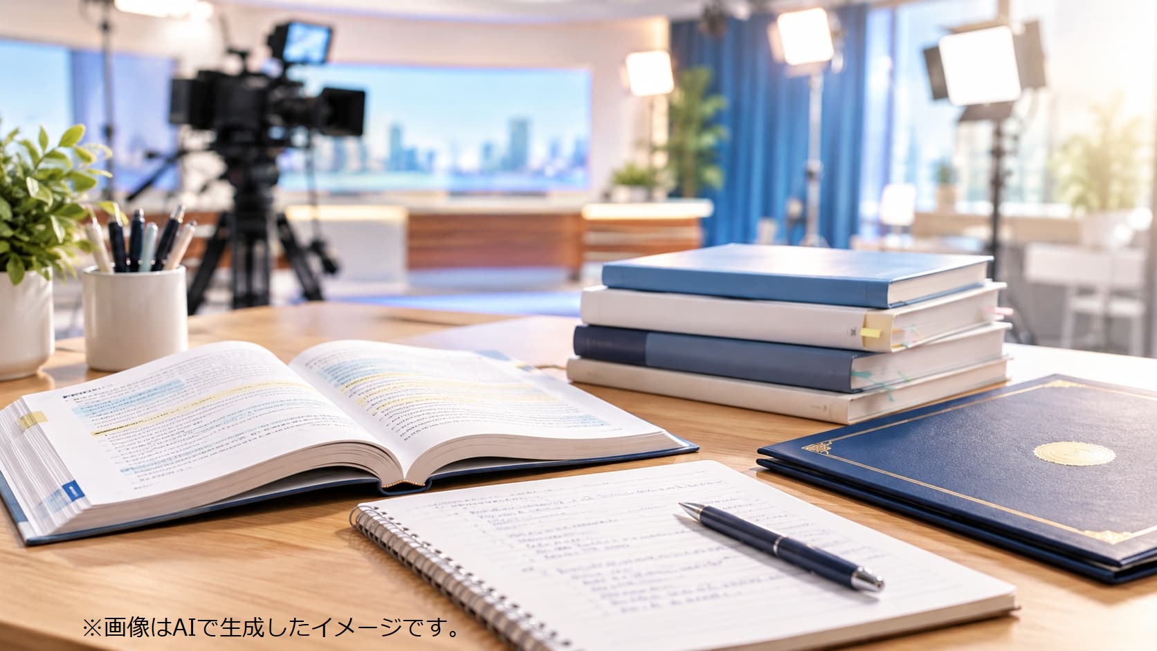 テレビスタジオを背景に、机の上で参考書を開いて勉強するイメージ（AI生成）