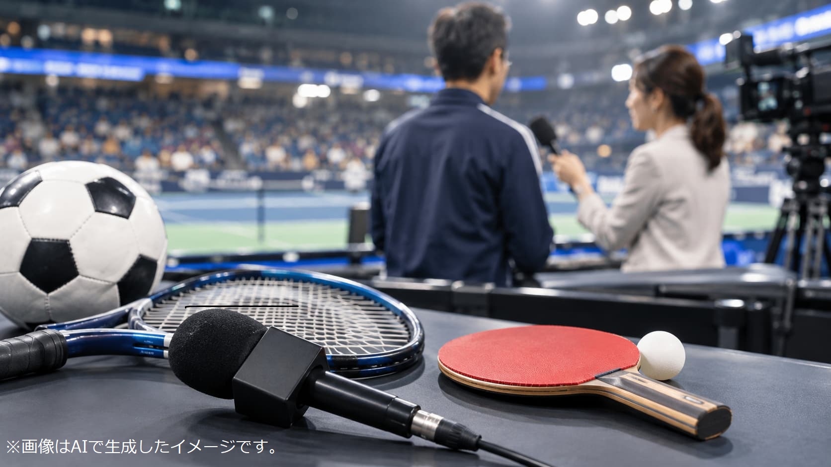 サッカーボールやテニスラケット、卓球ラケットとマイクを手前に置き、スタジアムで選手に取材するレポーターを背景に描いたAI生成イメージ