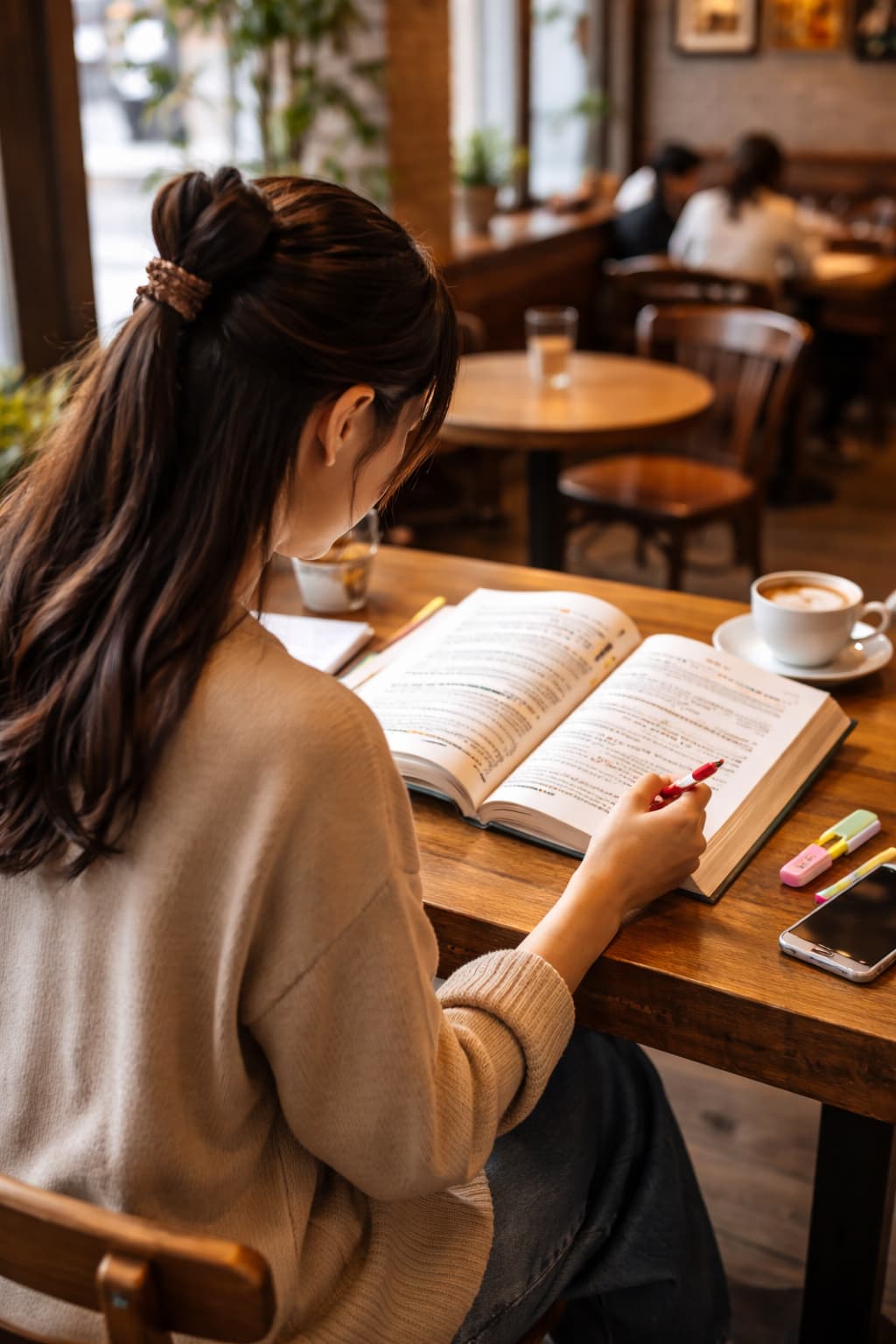 カフェで参考書を開く女性