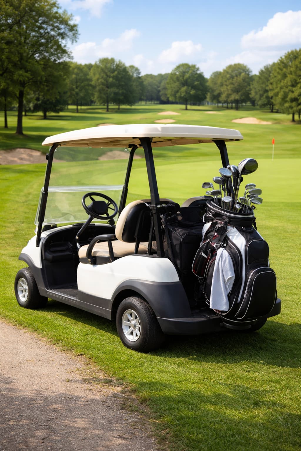ゴルフ場に置かれているカートとゴルフバッグ