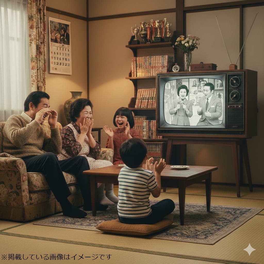 昭和の茶の間で、テレビに映る男女漫才師を囲んで笑い合う家族の風景