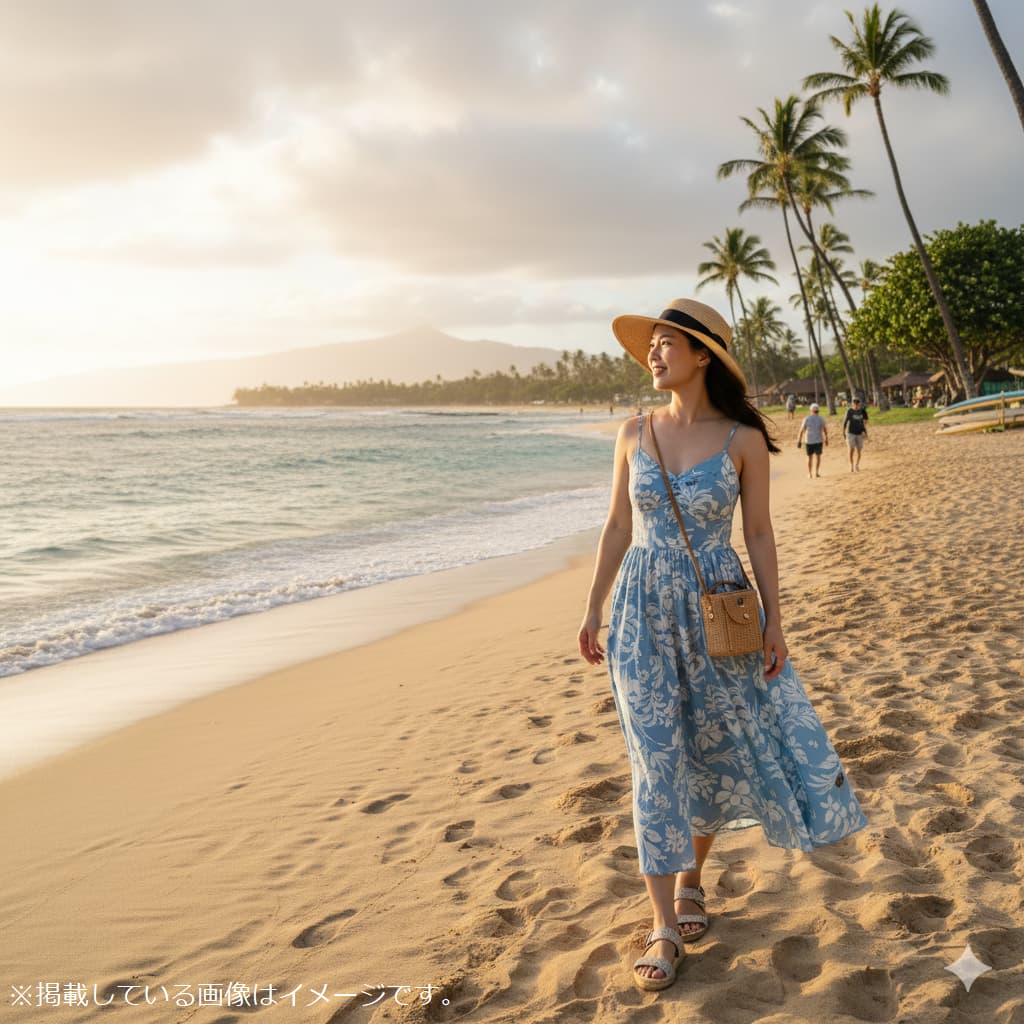 ハワイの砂浜を歩く女性