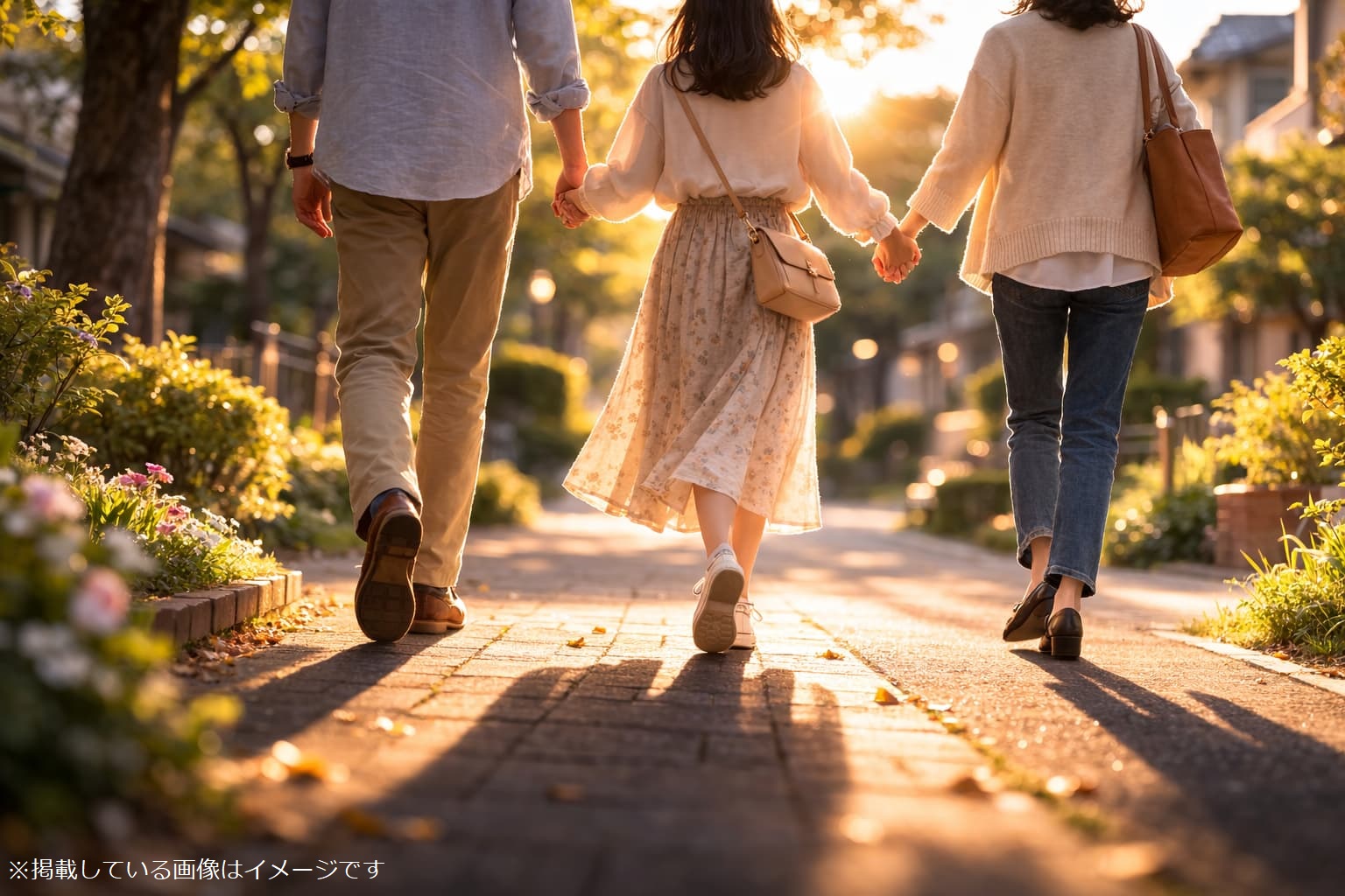 夕暮れ時を歩く親子3人の後ろ姿（AI生成）