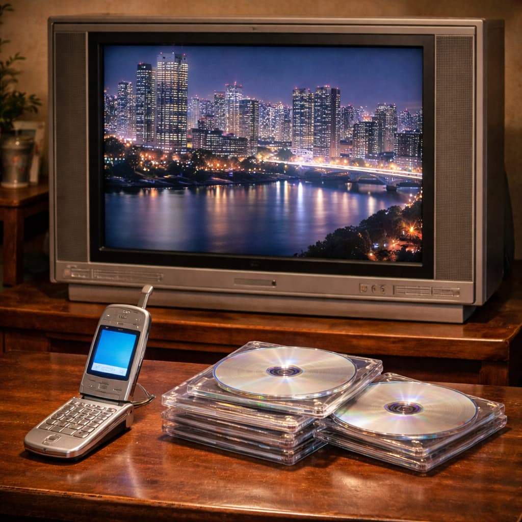 テレビと机の上のCDや折りたたみ携帯電話