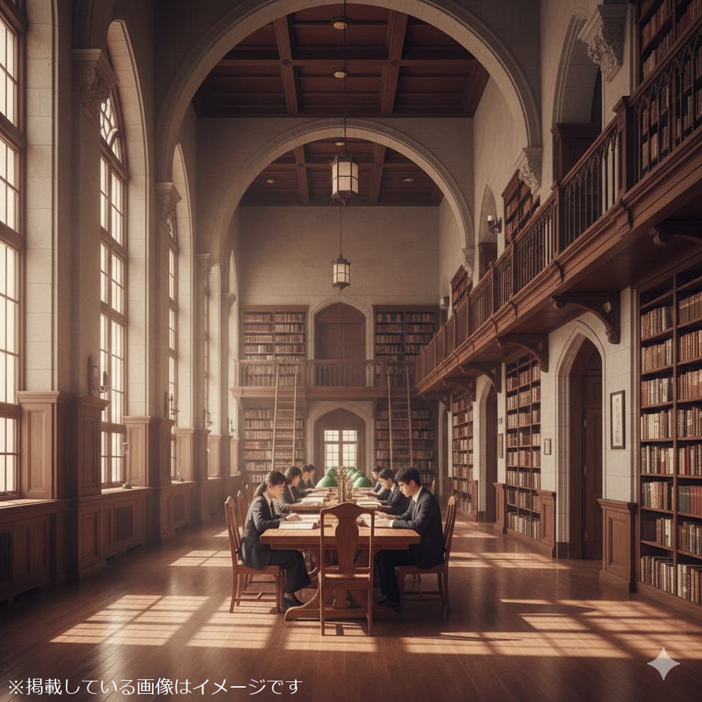 日本の難関大学をイメージした、アカデミックで重厚な雰囲気の図書館と自習する学生の様子