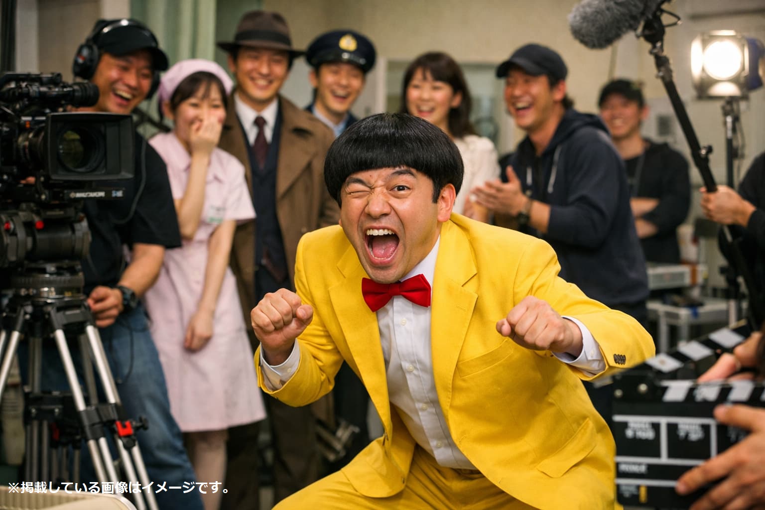 芸人俳優が現場でコミカルな演技を見せるイメージ
