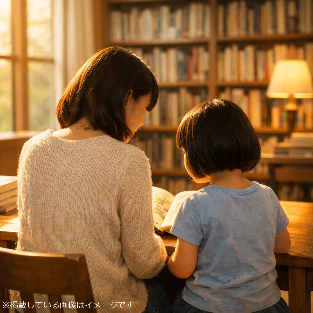 図書館で親子が読み聞かせをしている後ろ姿のイメージ（AI生成）
