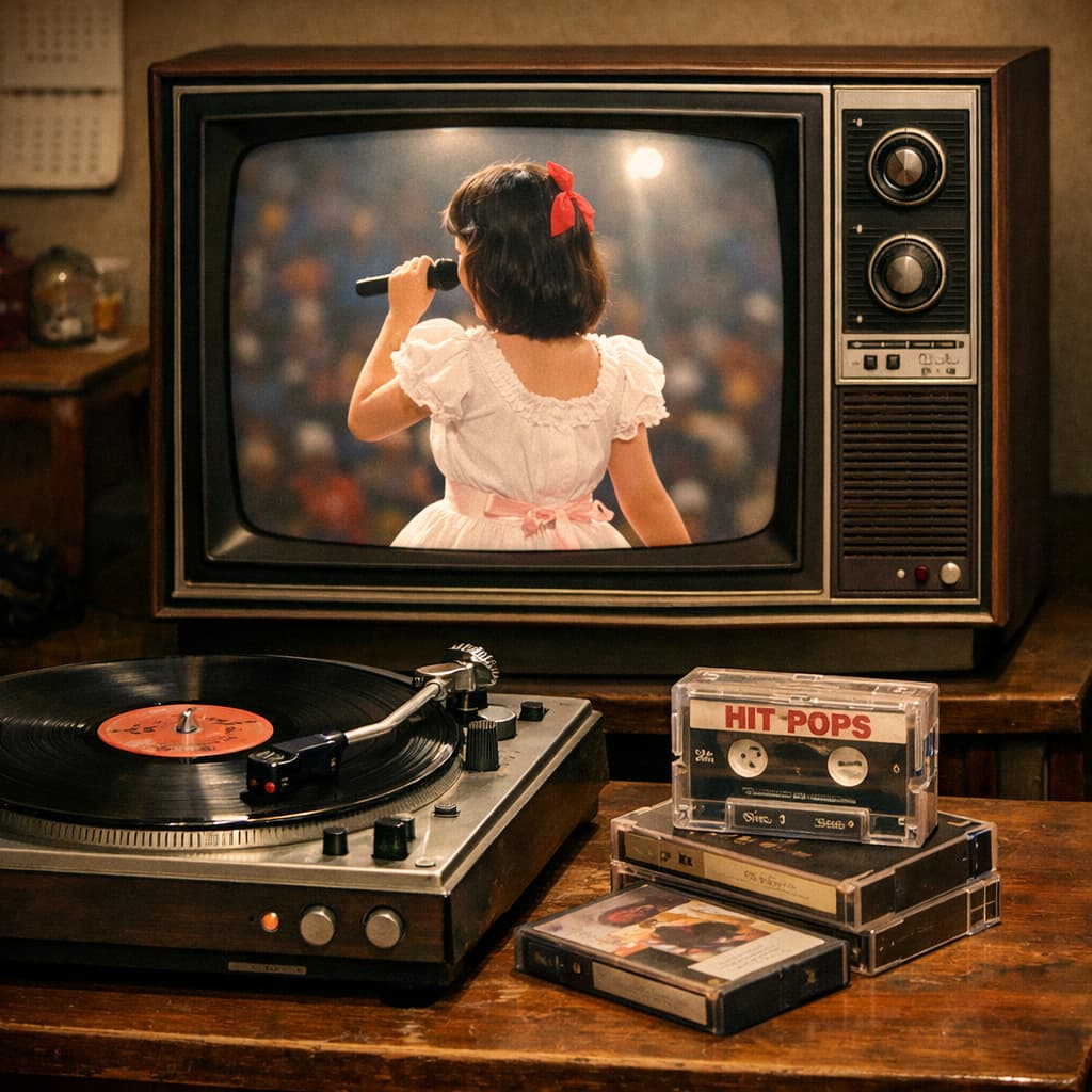 昭和のテレビと机の上のレコードプレーヤー