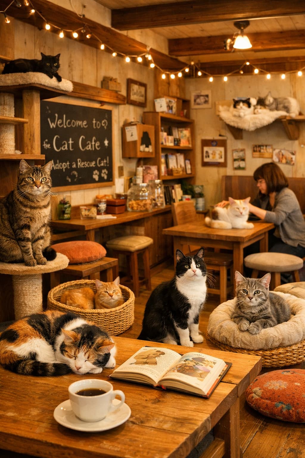 暖かみのある保護猫カフェの風景