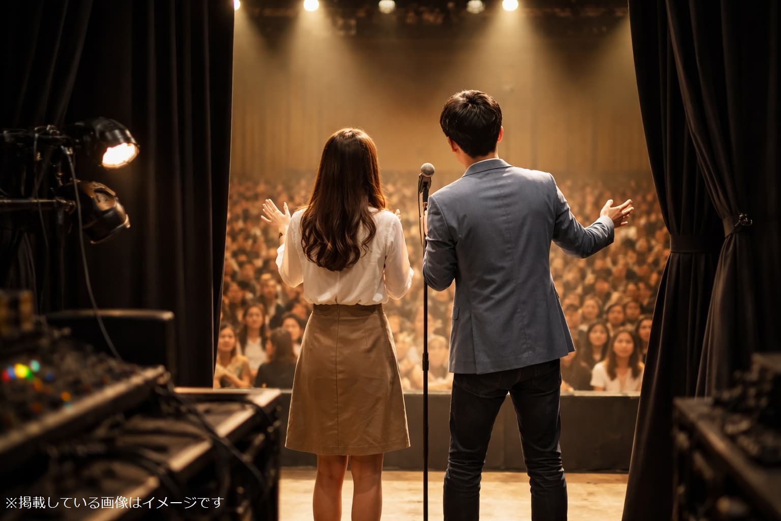 舞台で漫才をするカップル