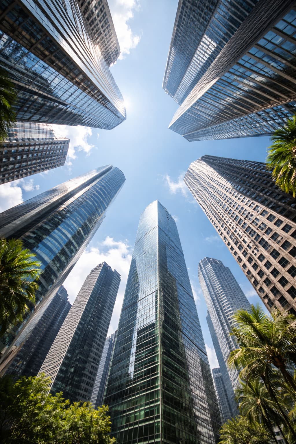 下から見上げる高層ビル群