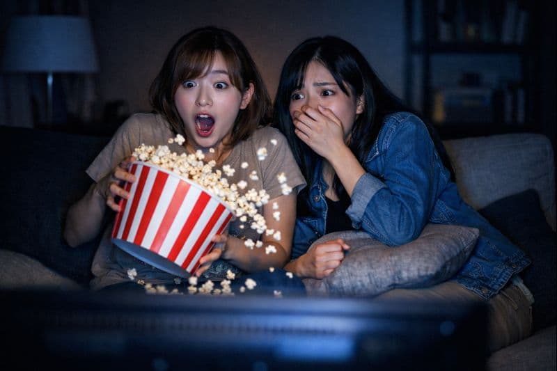 ホラー映画を観て驚く女性の画像