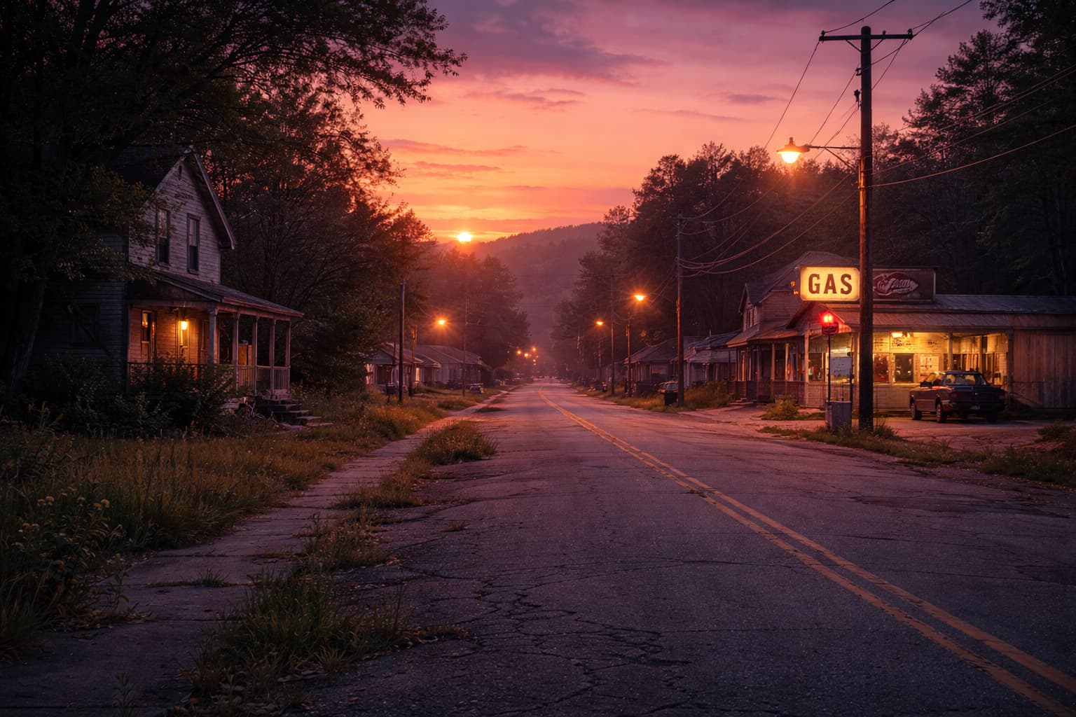夕暮れのアメリカの田舎の風景