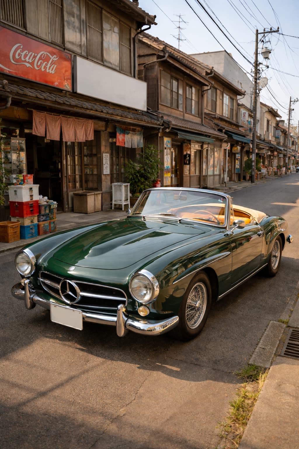 昭和の街並みに停まっているクラシックなオープンカー