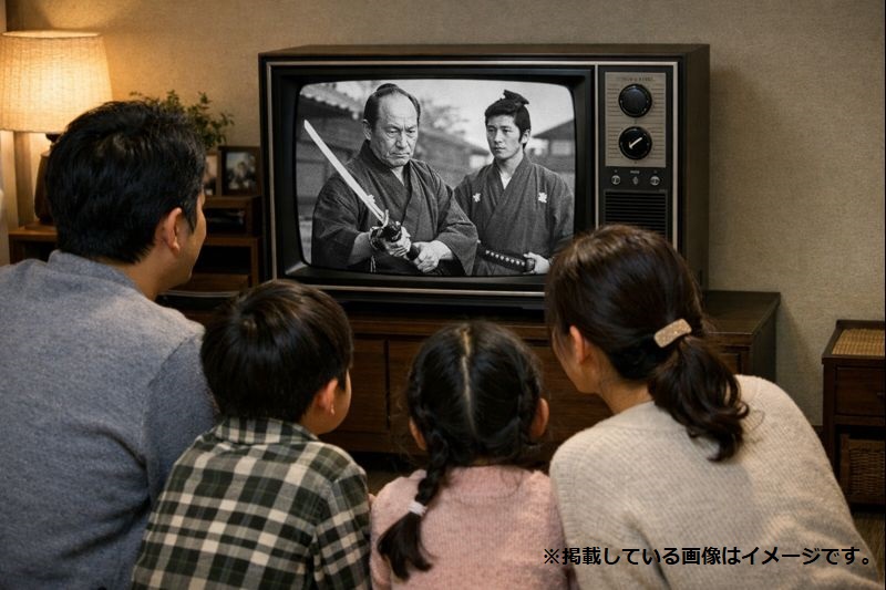 テレビで時代劇を観る家族の画像