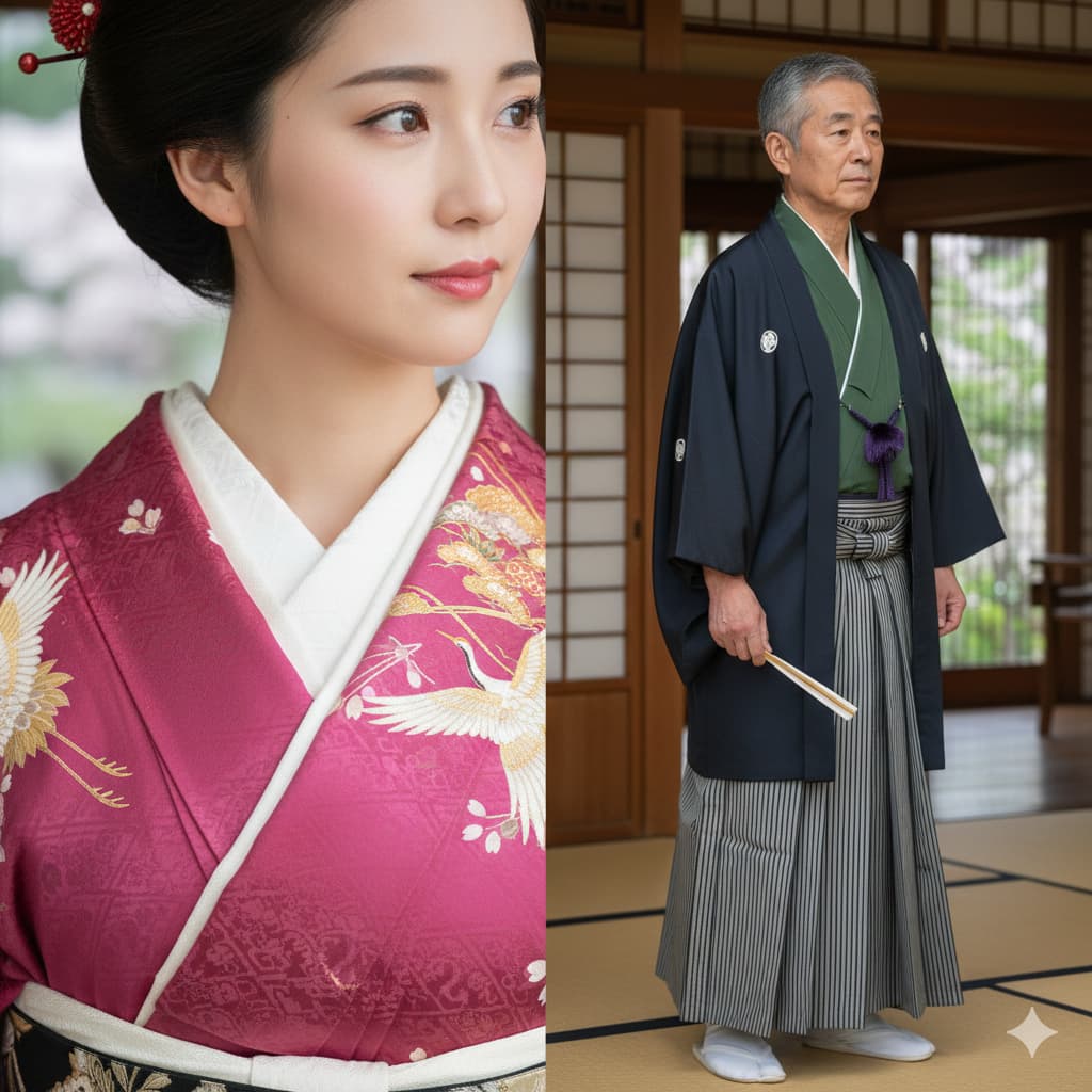 着物の衿元のアップと男性の和装姿