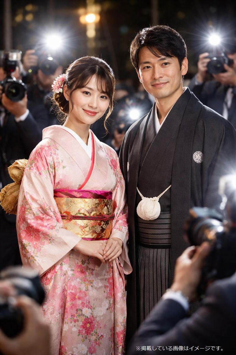 フラッシュを浴びる着物姿の男女の画像