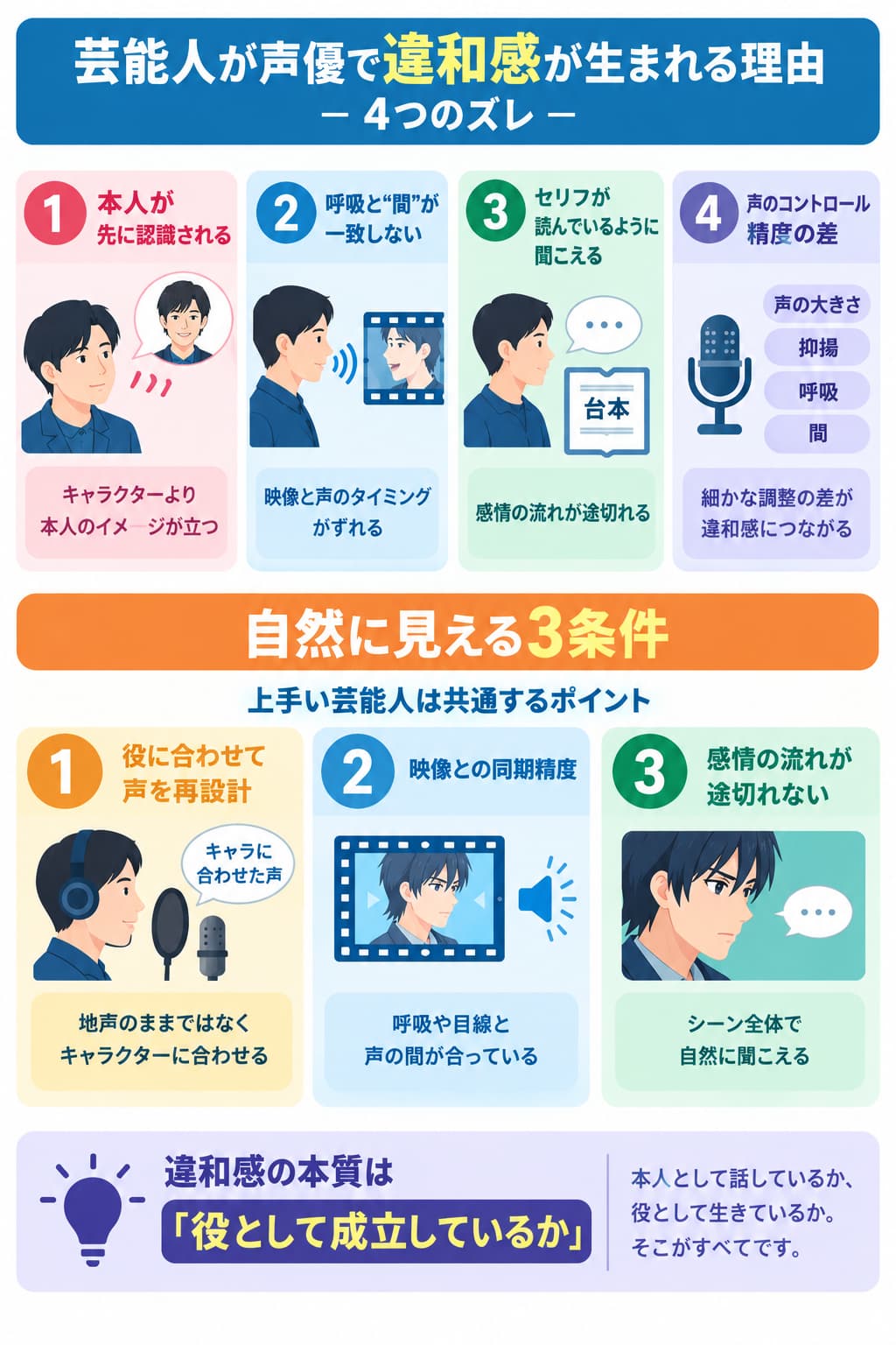 芸能人声優に違和感が生まれる4つのズレと自然に見える3条件を示した図