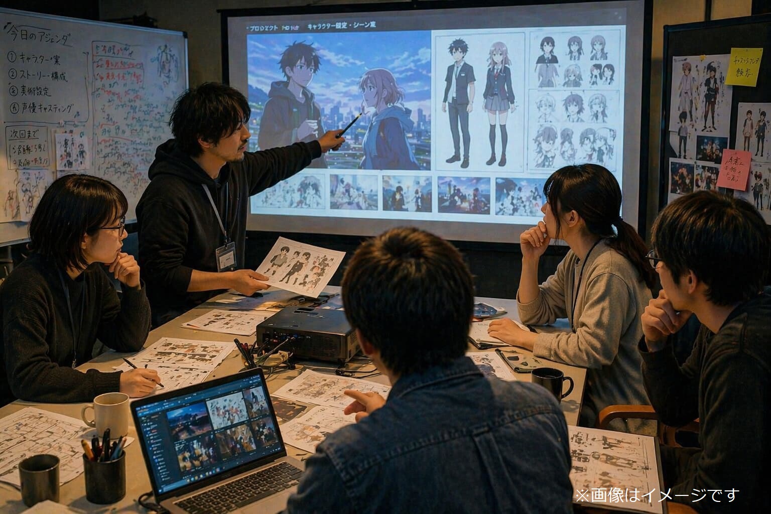 アニメ制作会議でキャラクター資料や映像を見ながら議論している様子