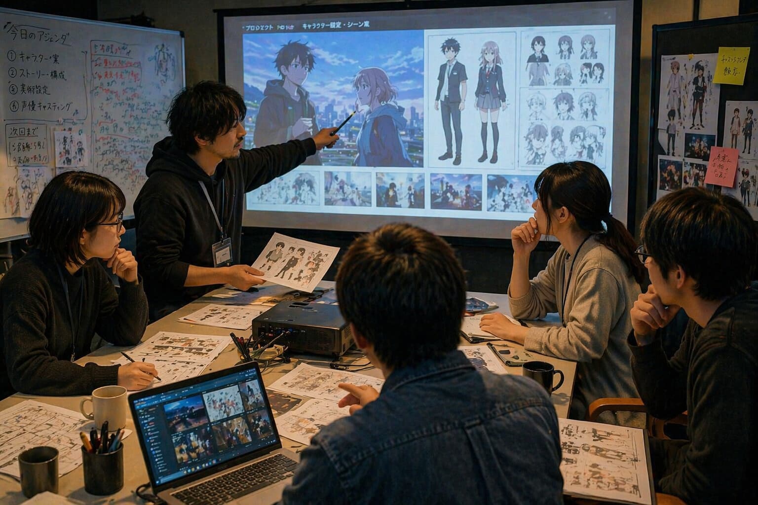 アニメ制作会議でキャラクター資料や映像を見ながら議論している様子