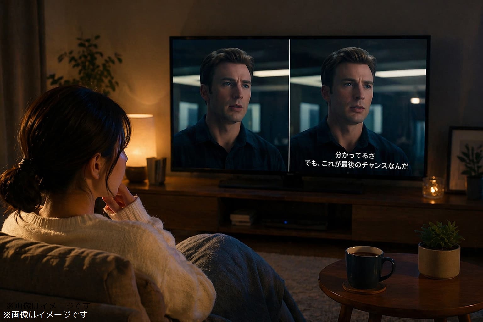 字幕と吹き替えの違いを比較して映画を視聴しているイメージ