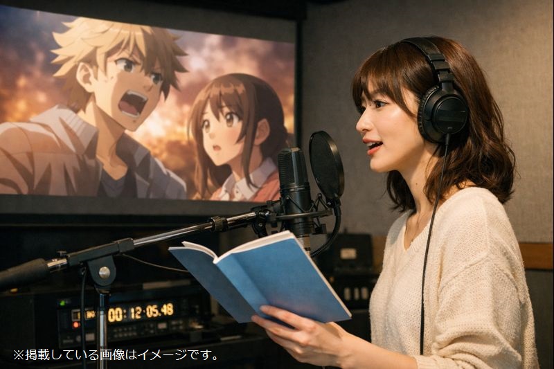 声優がアフレコ収録で台本を読みながら演技している様子