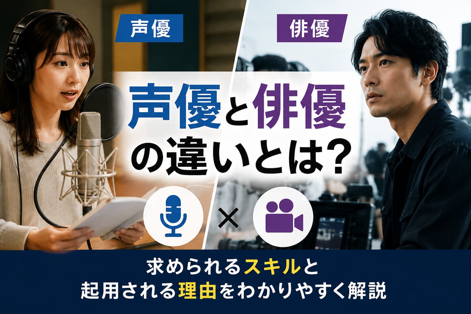 声優と俳優の違いを比較したイメージ画像（録音スタジオの声優と撮影現場の俳優）