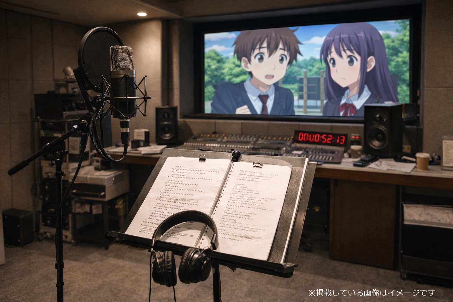 アニメ映画のアフレコ収録をイメージしたスタジオ。マイクや台本、ヘッドホンが置かれている（AI生成）